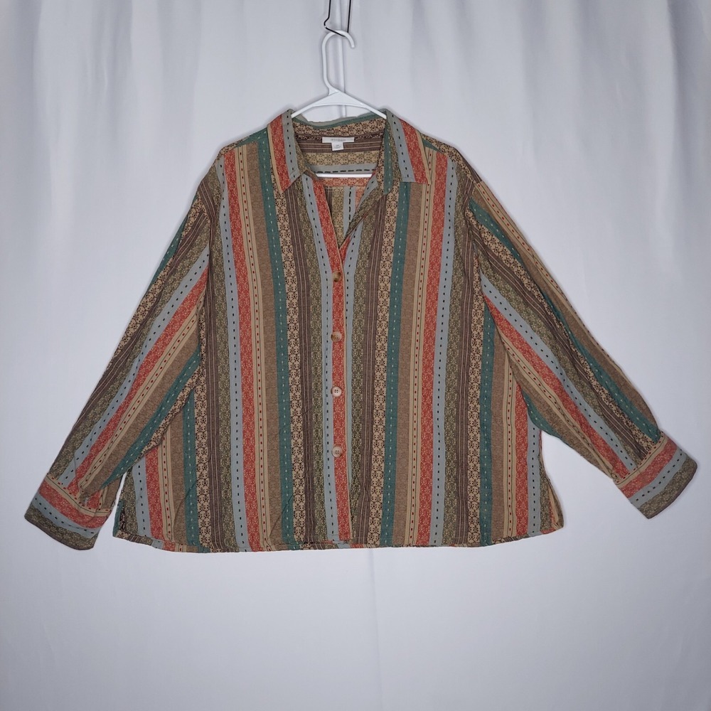 Dressbarn 80s Western Button Collar Top Women 3X Multicolor Texture Stripe Print